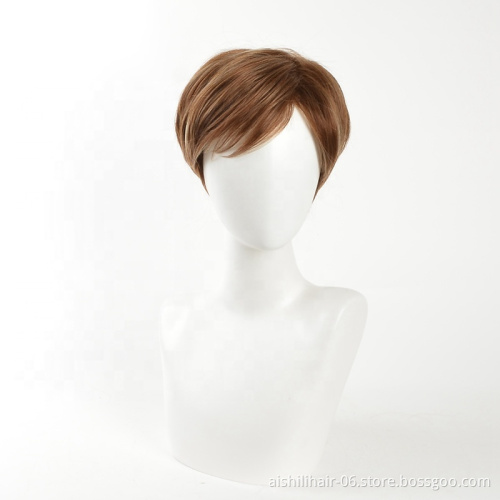 Wholesale heat resistant fluffy short brown wig  natural straight and kinky wave Synthetic hair wigs for women